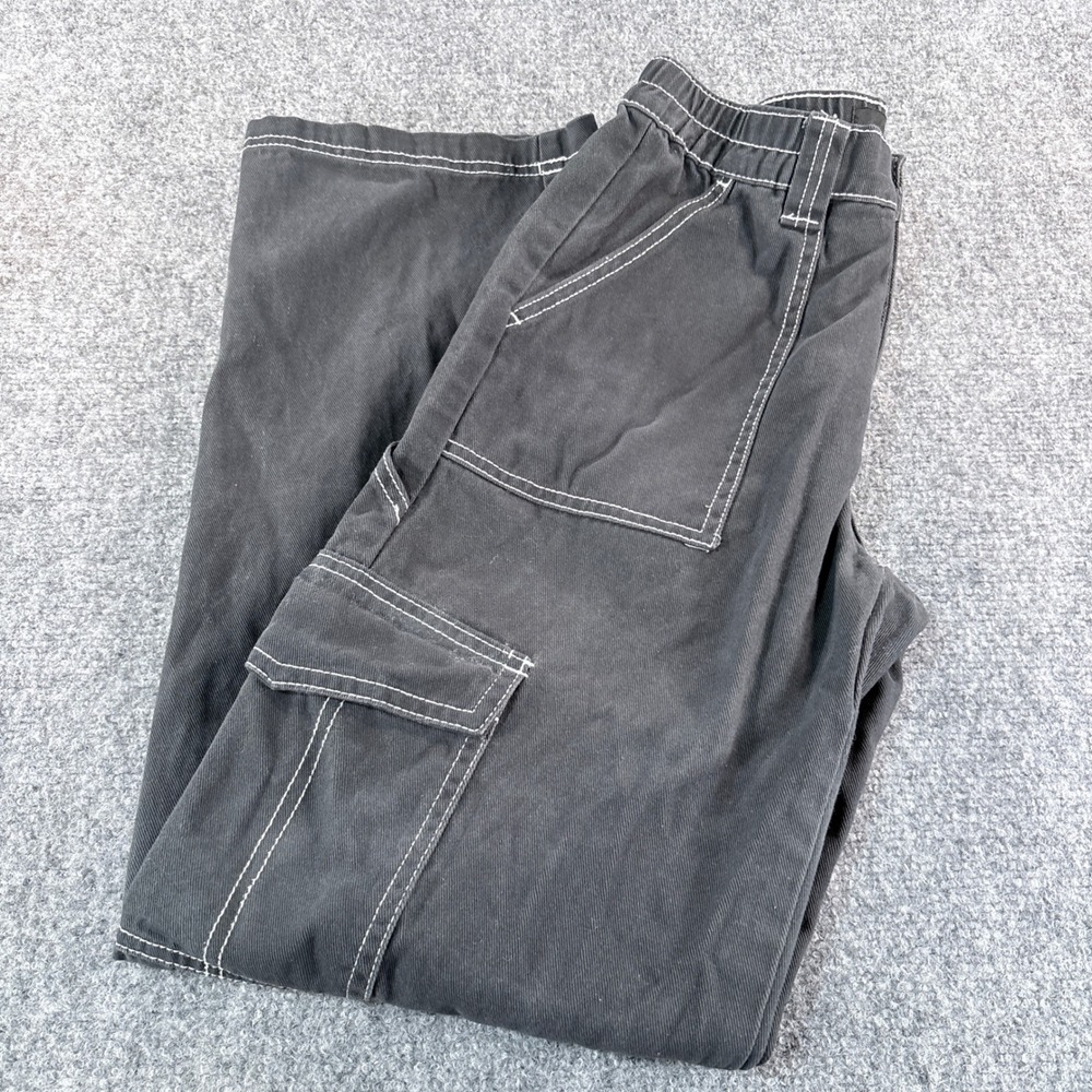 Refuge Black Contrast Stitch Cargo Pants Wide Leg Elastic Waist Utility Trousers